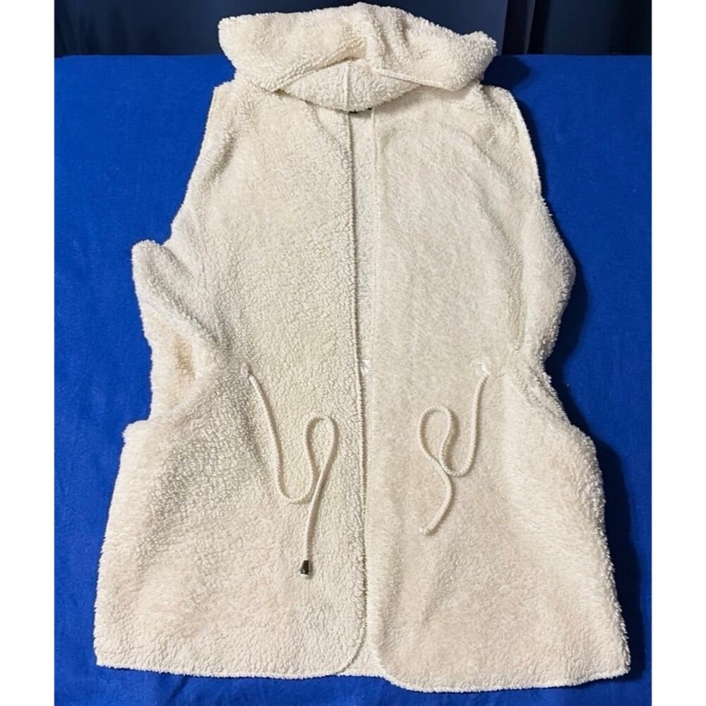 Women’s Cream Sherpa Hooded Vest Fleece Zip Front Drawstring Waist Size S